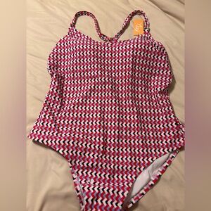 PRICE REDUCTION Kona Sol One Piece Zigzag Design Red, White and Blue Swimsuit